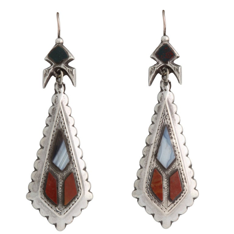Sterling Silver -Mounted Scottish Agate Hanging Earrings