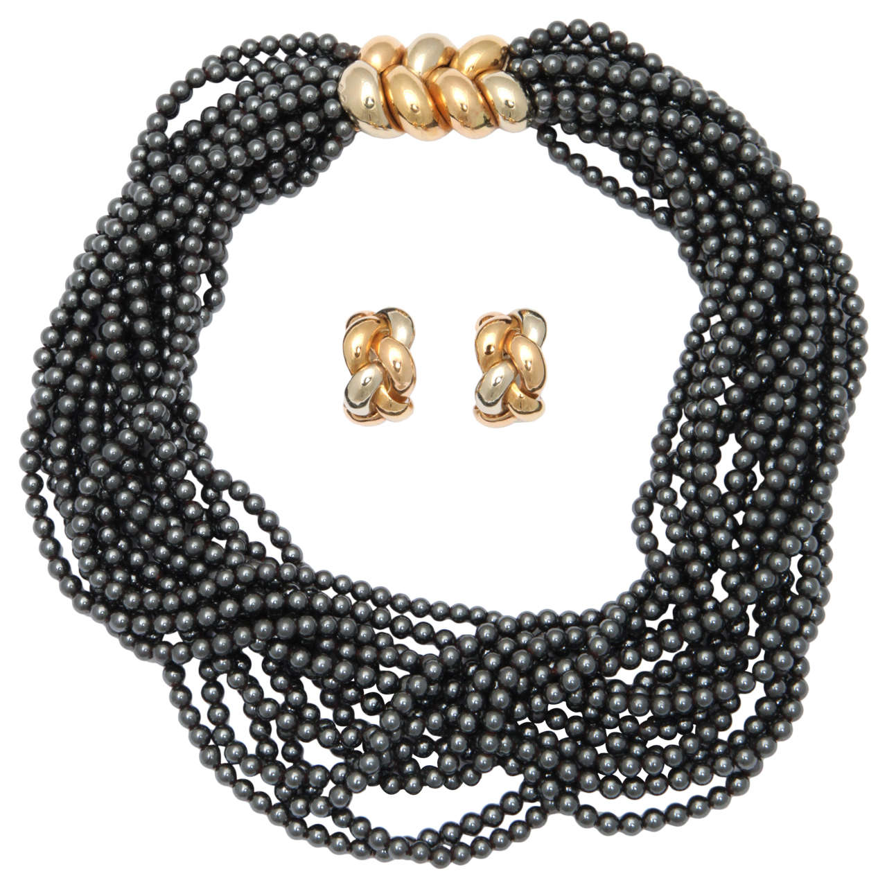 Poiray Multistrand Hematite Gold Necklace For Sale