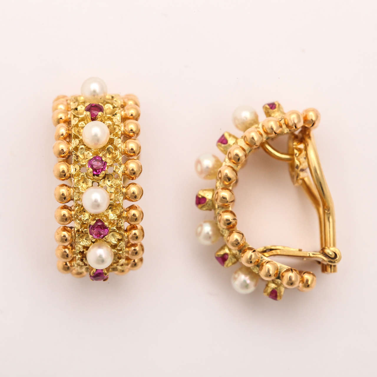 Very luxe hoop Earrings set in 18kt Yellow Gold.  Prong set  Pink Rubies & alternating cultured Pearls with Omega Backs.  Signed & Numbered Cartier - Italy.  Very 1960's -   Very Byzantine.