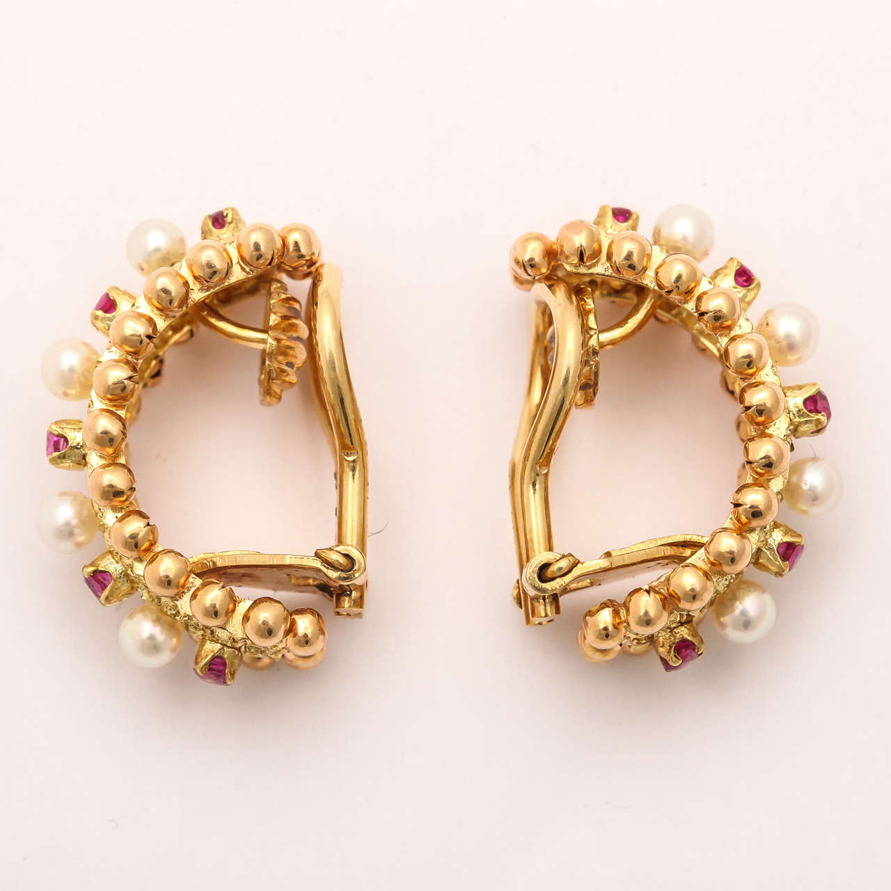 Byzantine Cartier Italy Pearl Ruby Gold Hoop Earrings