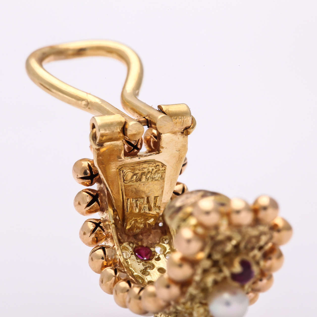 Women's Cartier Italy Pearl Ruby Gold Hoop Earrings
