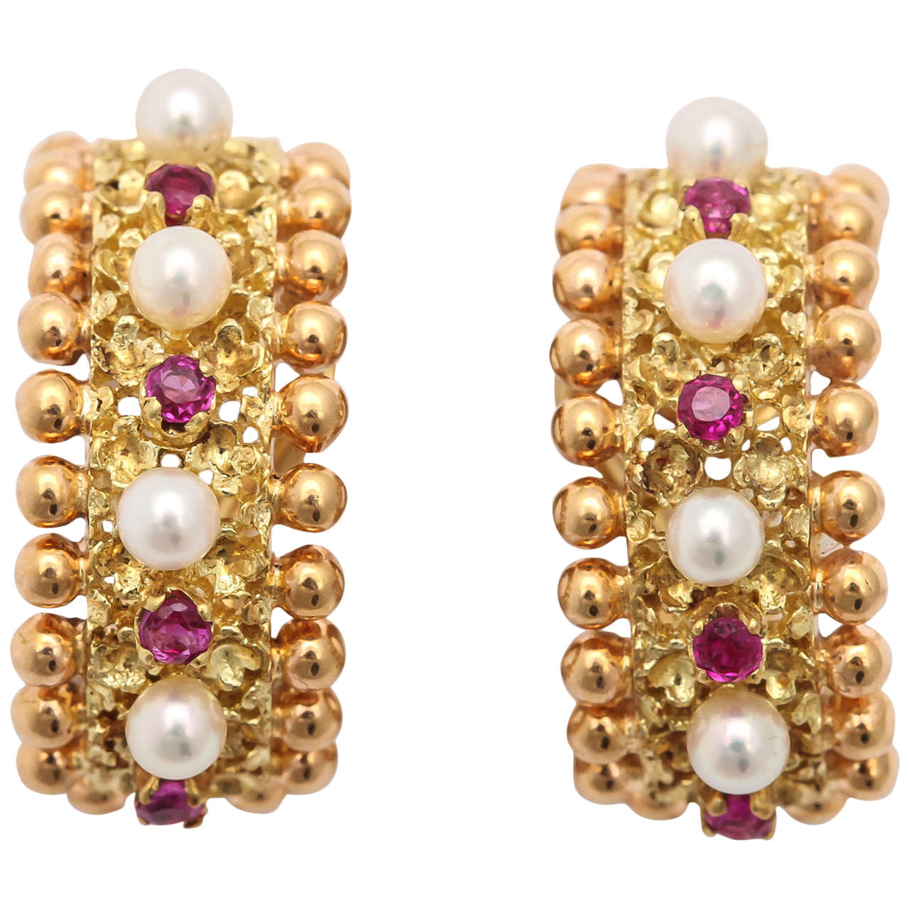 Cartier Italy Pearl Ruby Gold Hoop Earrings