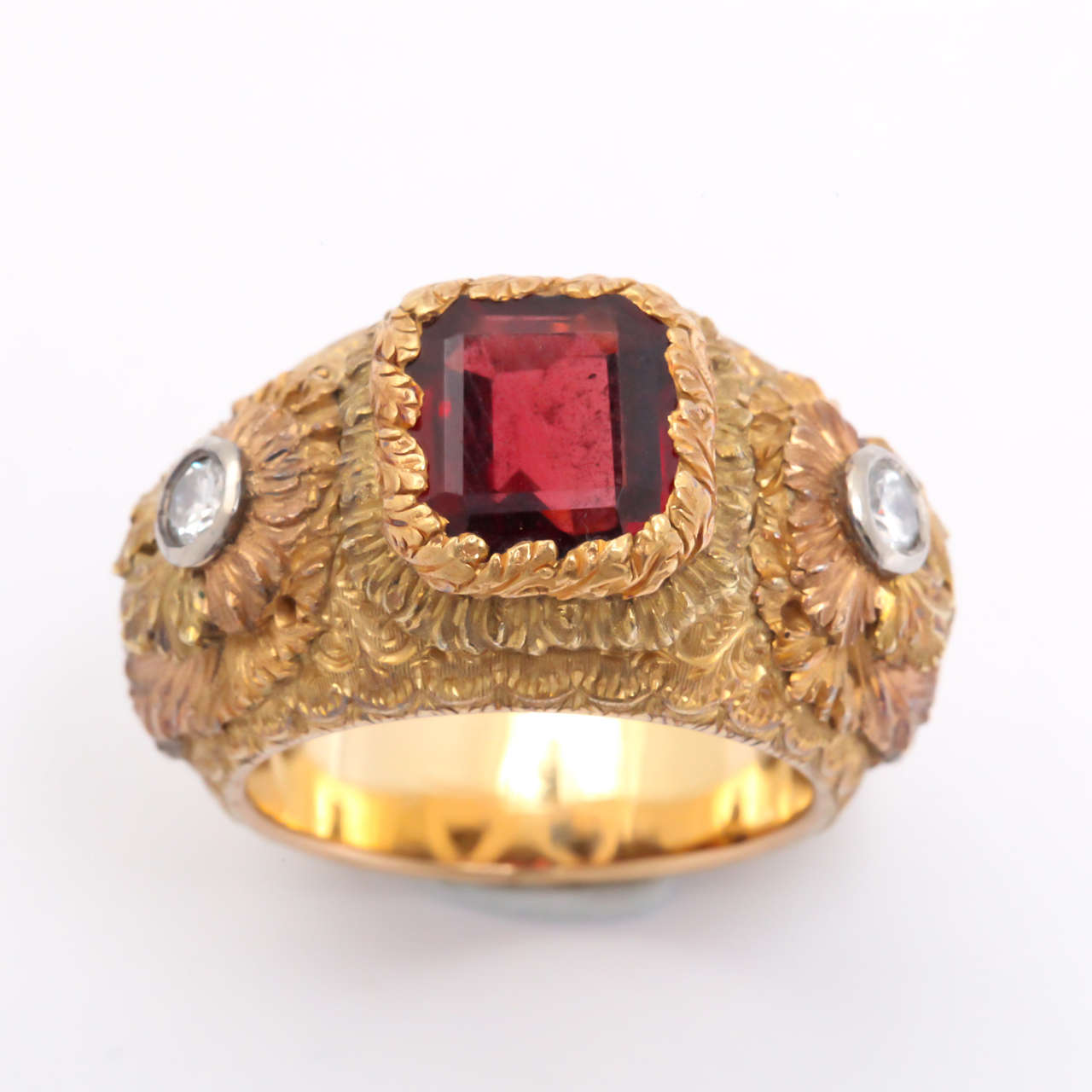 Renaissance Style Three Color Gold Garnet and Diamond Ring