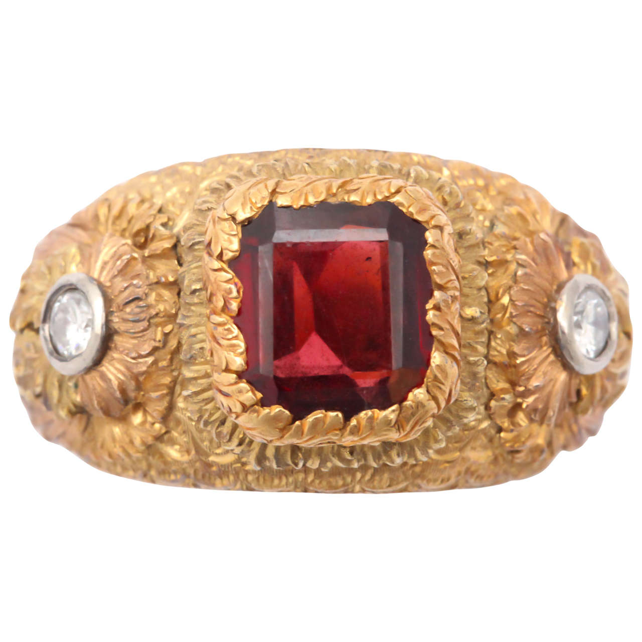 Renaissance Style Three Color Gold Garnet and Diamond Ring