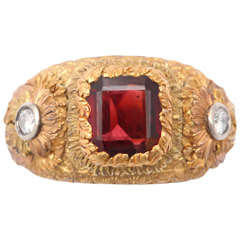 Vintage Renaissance Style Three Color Gold Garnet and Diamond Ring