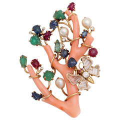 Rare Seaman Schepps Jewelled Coral Branch Brooch 8