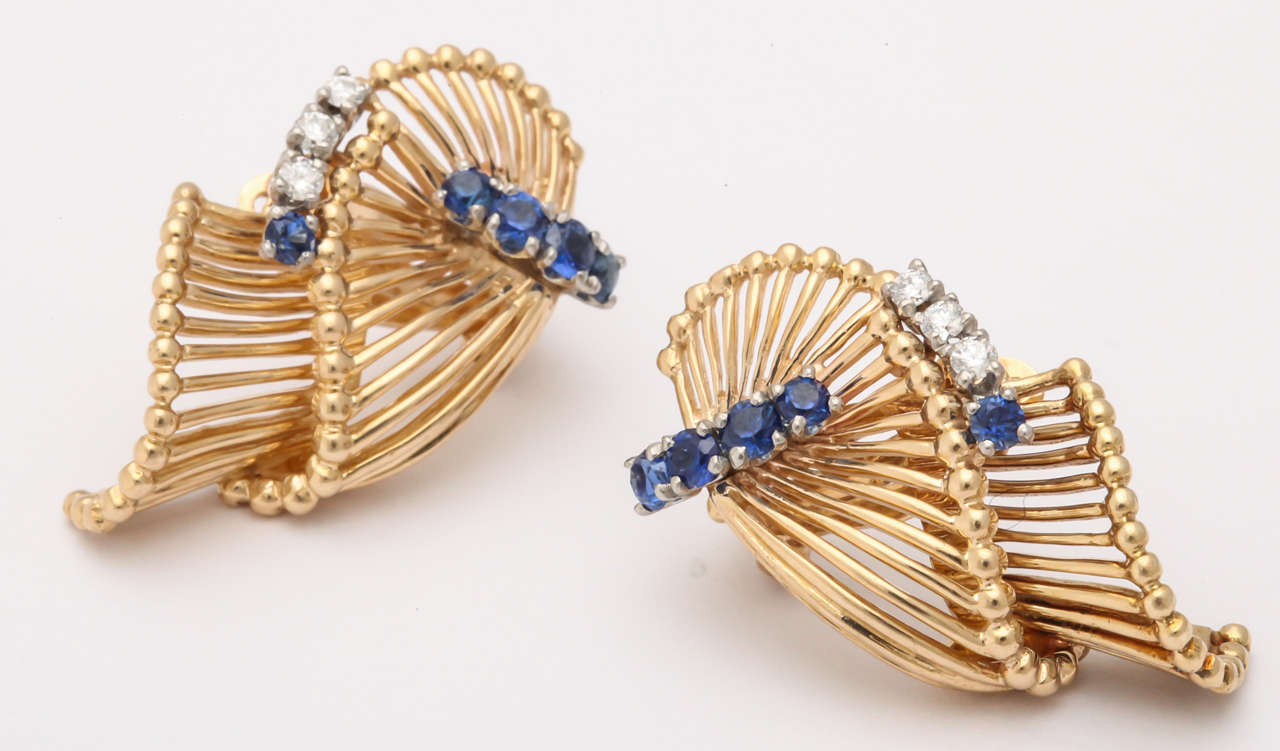 Tiffany & Co. Sapphire Diamond Gold Ear Clips In Excellent Condition In New York, NY