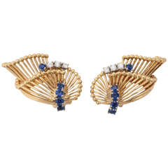 Tiffany & Co. Sapphire Diamond Gold Ear Clips