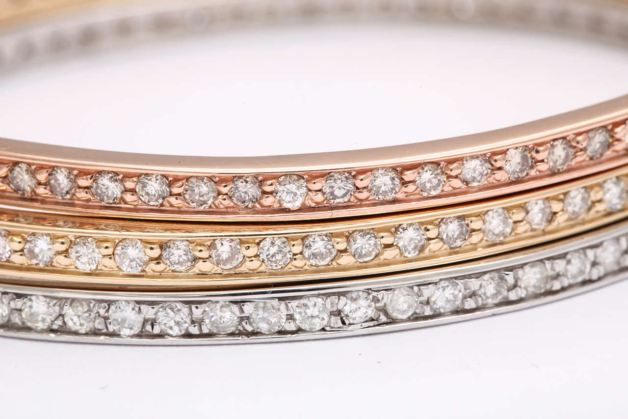 Diamond Tricolor Gold Stackable Bangles In New Condition For Sale In New York, NY