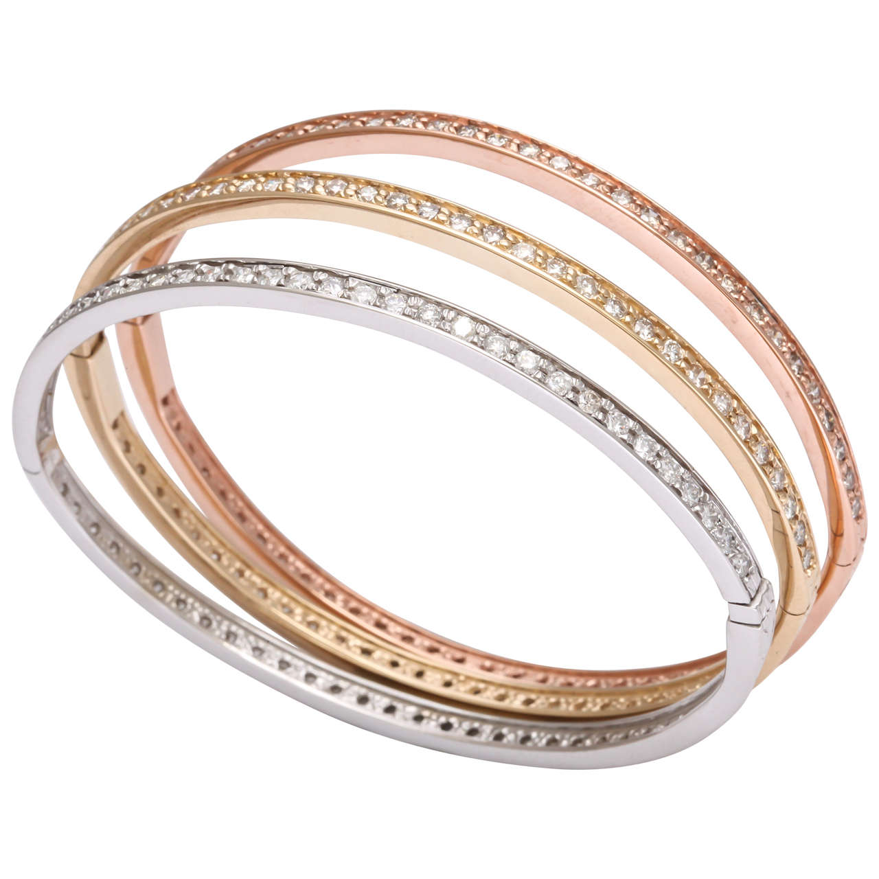 Diamond Tricolor Gold Stackable Bangles For Sale