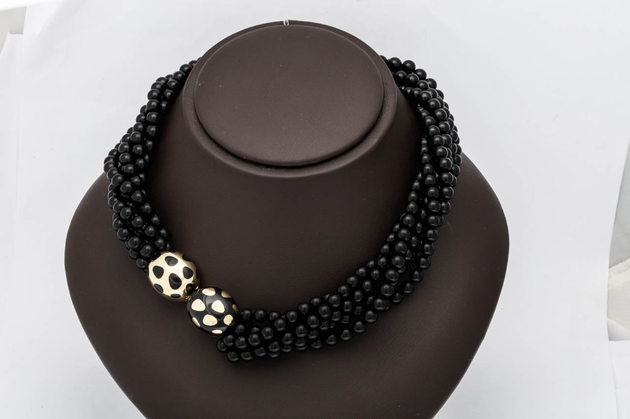 TIFFANY & Co. 18K Gold Six Strand Onyx Bead Enamel Necklace 17