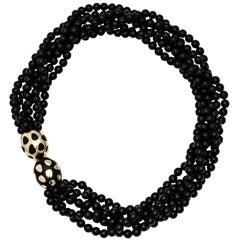 Tiffany & Co. Six Strand Onyx Bead Enamel Gold Necklace