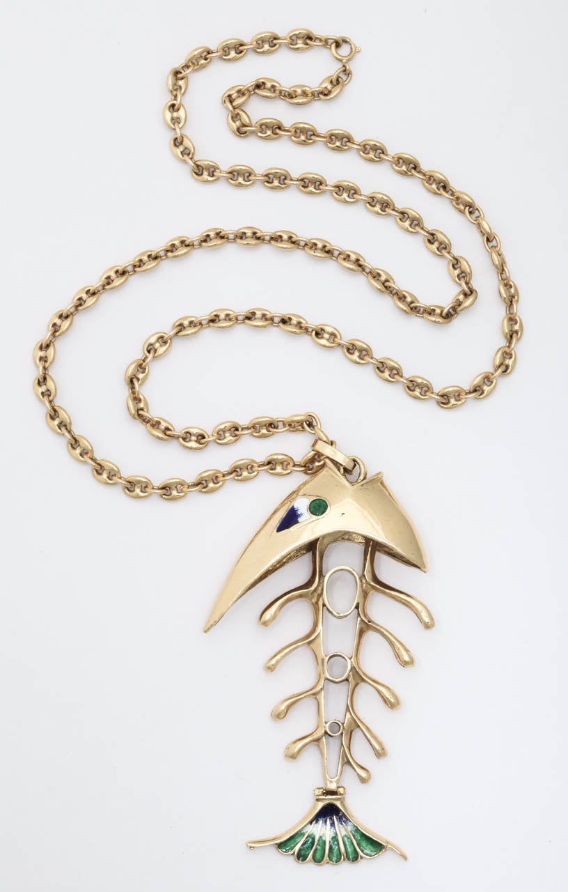 Enamel Gold Fish Bone Pendant Chain Necklace