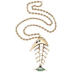 Enamel Gold Fish Bone Pendant Chain Necklace