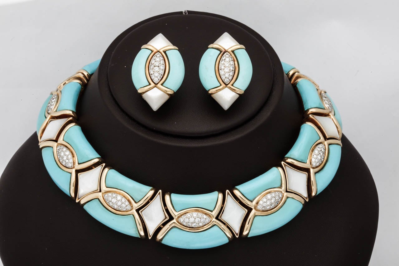 Turquoise Mother of Pearl Diamond Gold Choker Necklace Earrings Set