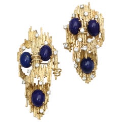 Modernist Lapis Lazuli Diamond Clips