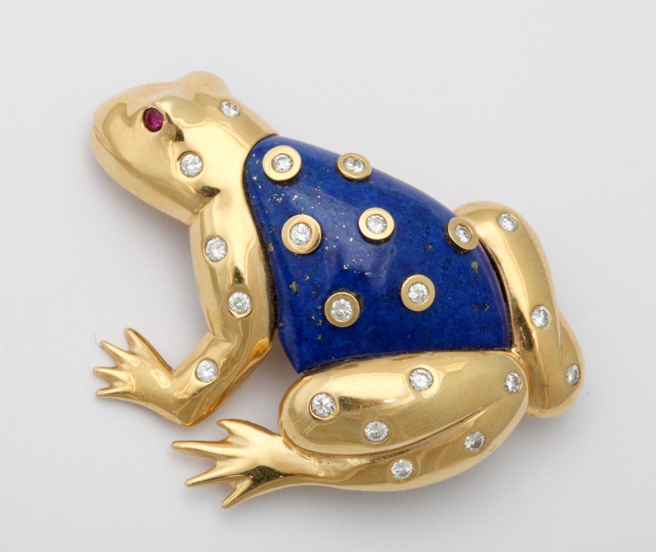 18kt Yellow Gold & Lapis Frog sprinkled with bezel set full cut Diamonds - and just for fun a Ruby eye. You can almost hear him croak!