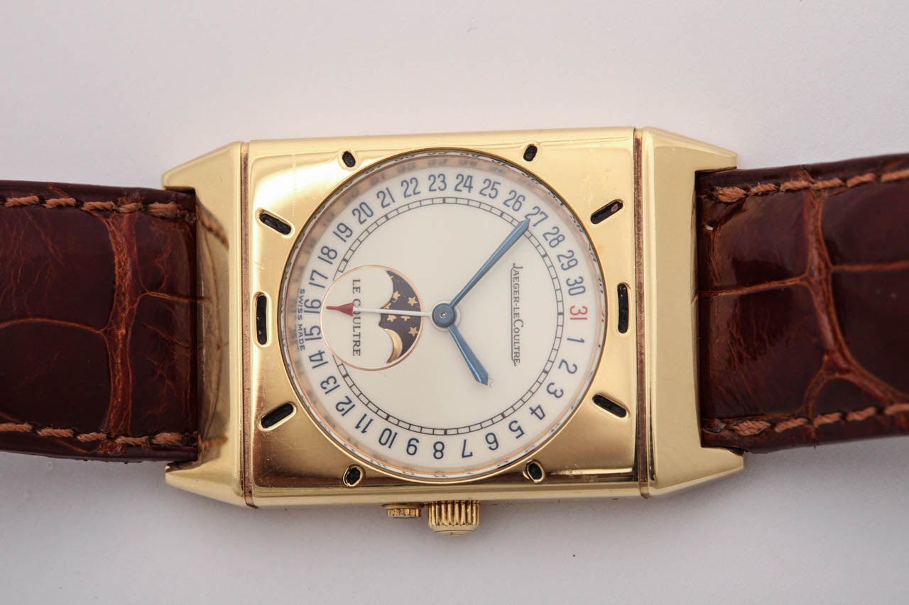 Art Deco Jaeger-LeCoultre 18kt Gold Wristwatch with Calendar and Moonphase Function