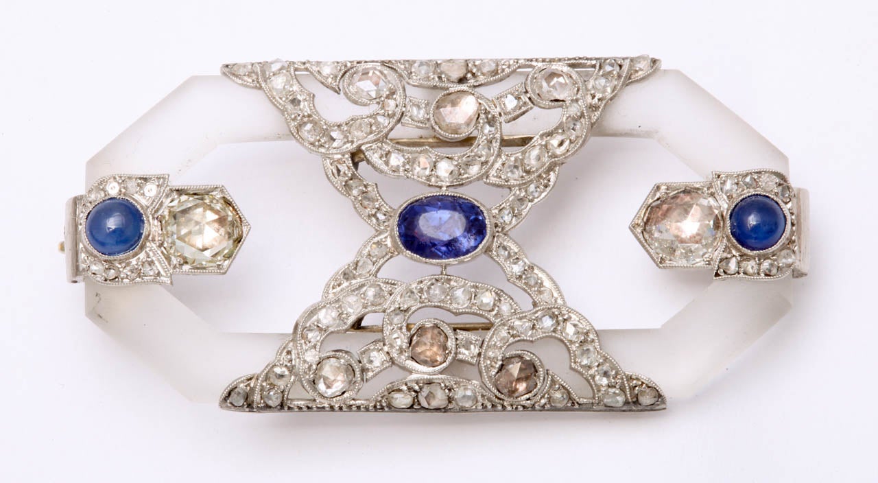 Edwardian Rock Crystal Sapphire Rose Diamond Platinum  Brooch