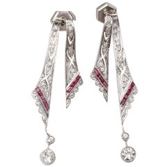 A Pair of Ruby Diamond Pendant Earrings