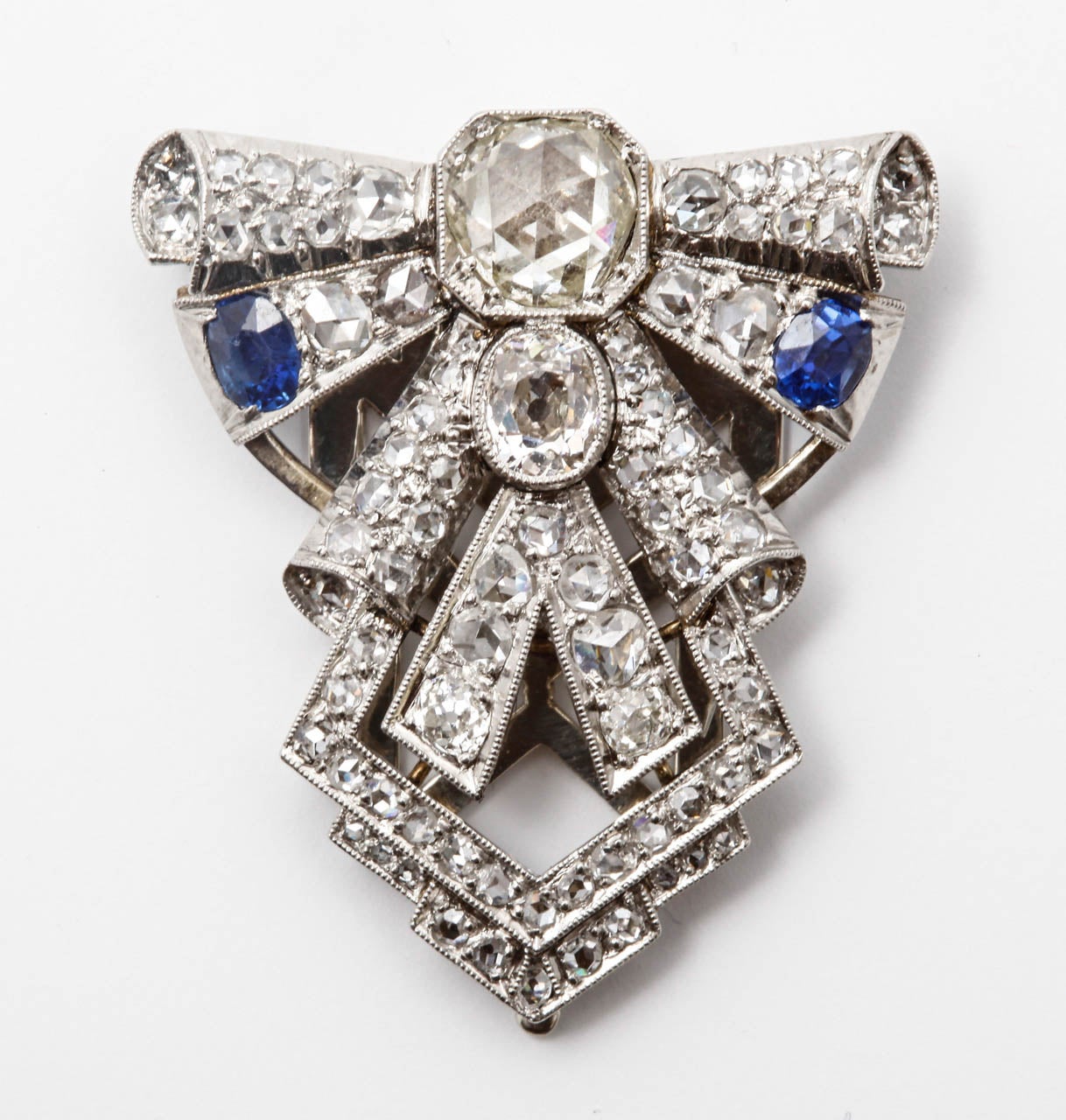 Women's Art Deco Sapphire Diamond White Gold Brooch For Sale