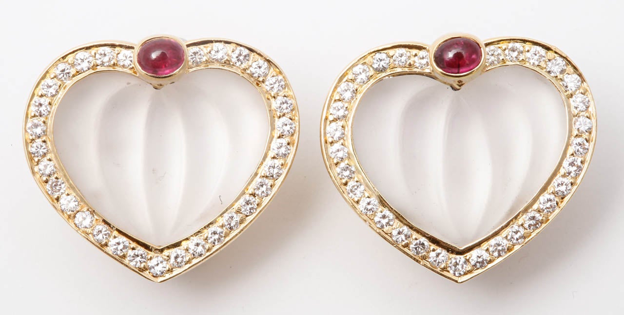 A Pair of Carved Rock Crystal Ruby Diamond Yellow Gold Earclips