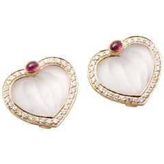 A Pair of Carved Rock Crystal Ruby Diamond Yellow Gold Earclips