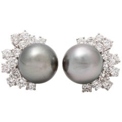 A Pair of Tahiti Cultured Pearl Diamond White Gold Earclips