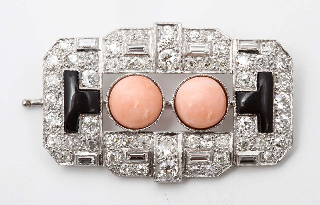 Coral Onyx Diamond Platinum Plaque Brooch