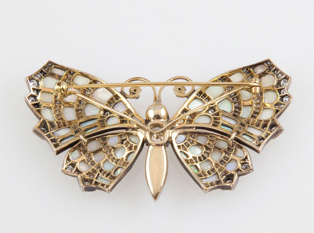 Contemporary 3.05 Carat Diamond, 6.60 Carat Opal, 18 Karat Gold & Silver Butterfly Brooch For Sale