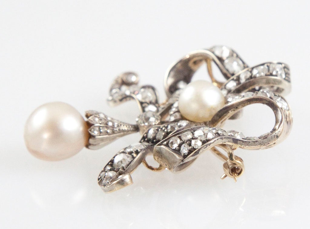 Women's Victorian Natural Pearl Diamond Silver Gold Brooch For Sale
