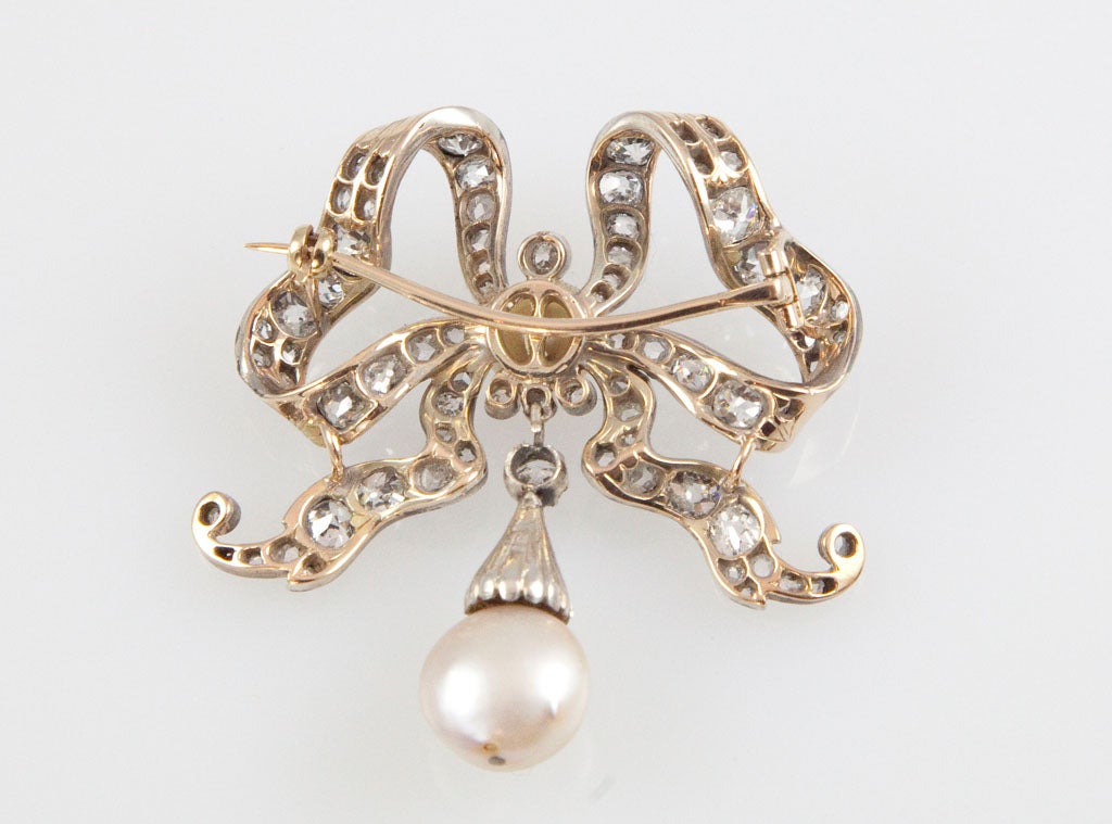 Victorian Natural Pearl Diamond Silver Gold Brooch For Sale 3