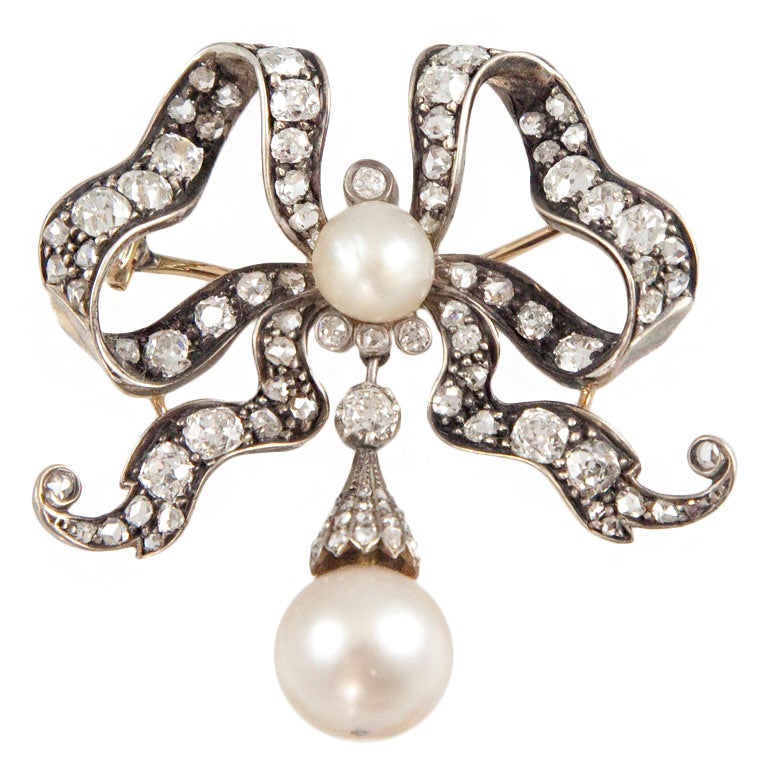 Victorian Natural Pearl Diamond Silver Gold Brooch For Sale