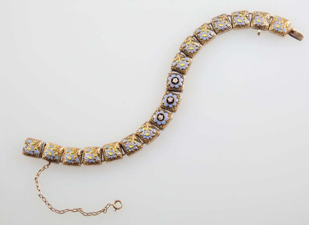 Victorian Blue and Yellow Enamel Diamond Gold Forget-Me-Not Bracelet In Good Condition For Sale In Calabasas, CA