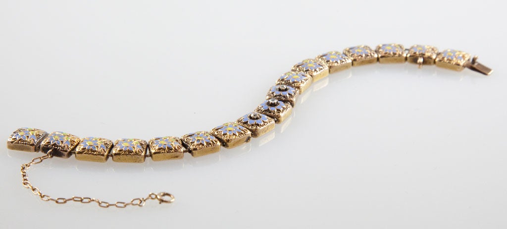 Women's Victorian Blue and Yellow Enamel Diamond Gold Forget-Me-Not Bracelet For Sale