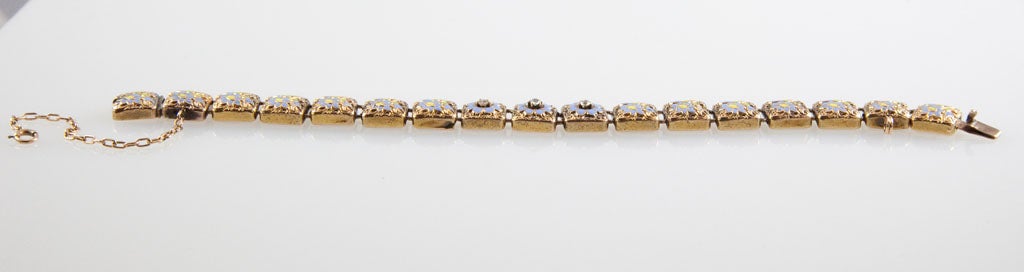 Victorian Blue and Yellow Enamel Diamond Gold Forget-Me-Not Bracelet For Sale 1