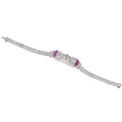 Glycine Lady's Platinum Diamond Ruby Art Deco Wristwatch 12