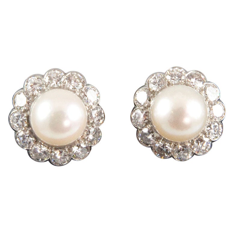 Pearl Diamond Platinum Rosette Earrings For Sale at 1stdibs