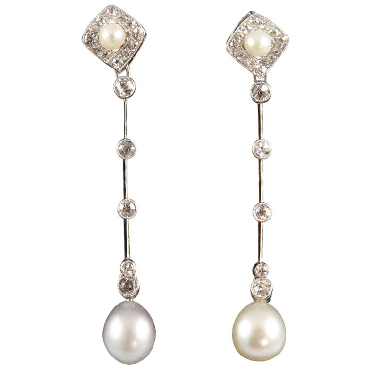 Edwardian Diamond Natural Pearl Platinum Earrings For Sale at 1stDibs