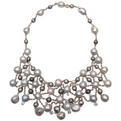 Exceptional Baroque Pearl and Diamond Bib Necklace