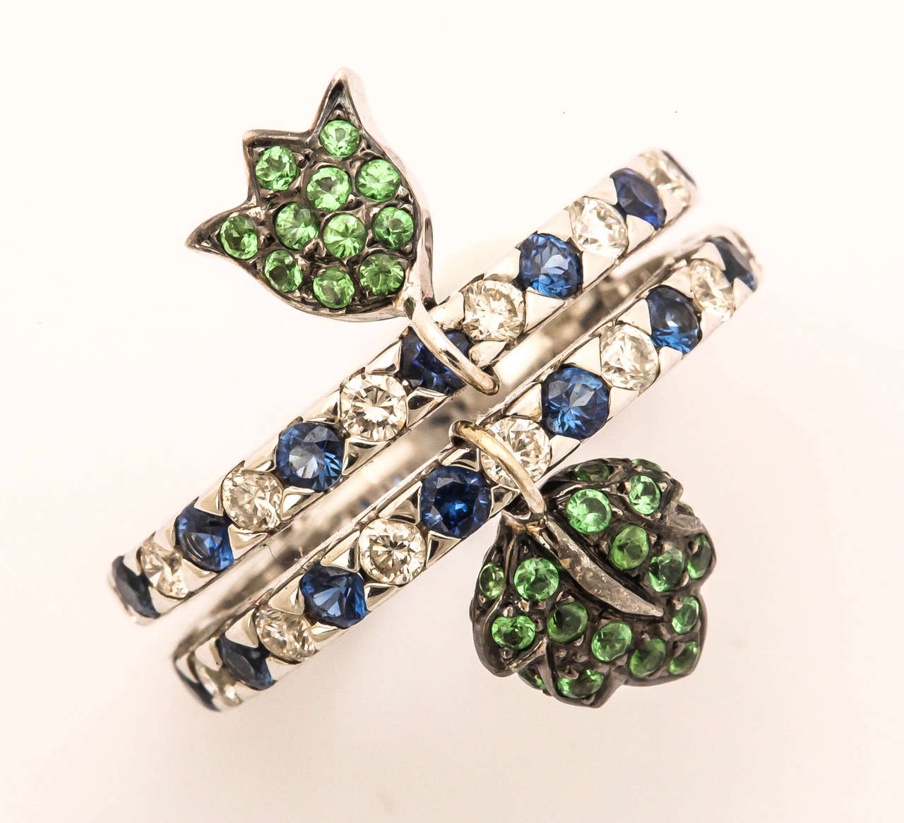 Unique Ring with Movable Green Garnet Tulip and Leaf Charms In New Condition For Sale In TRYON, NC