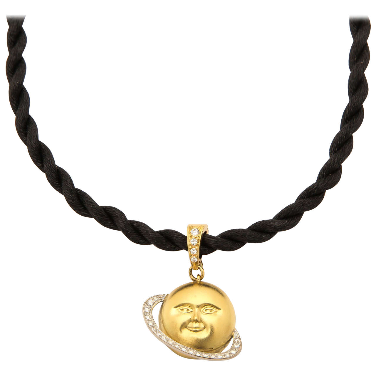 Gold and Platinum Saturn Celestial Pendant Necklace For Sale