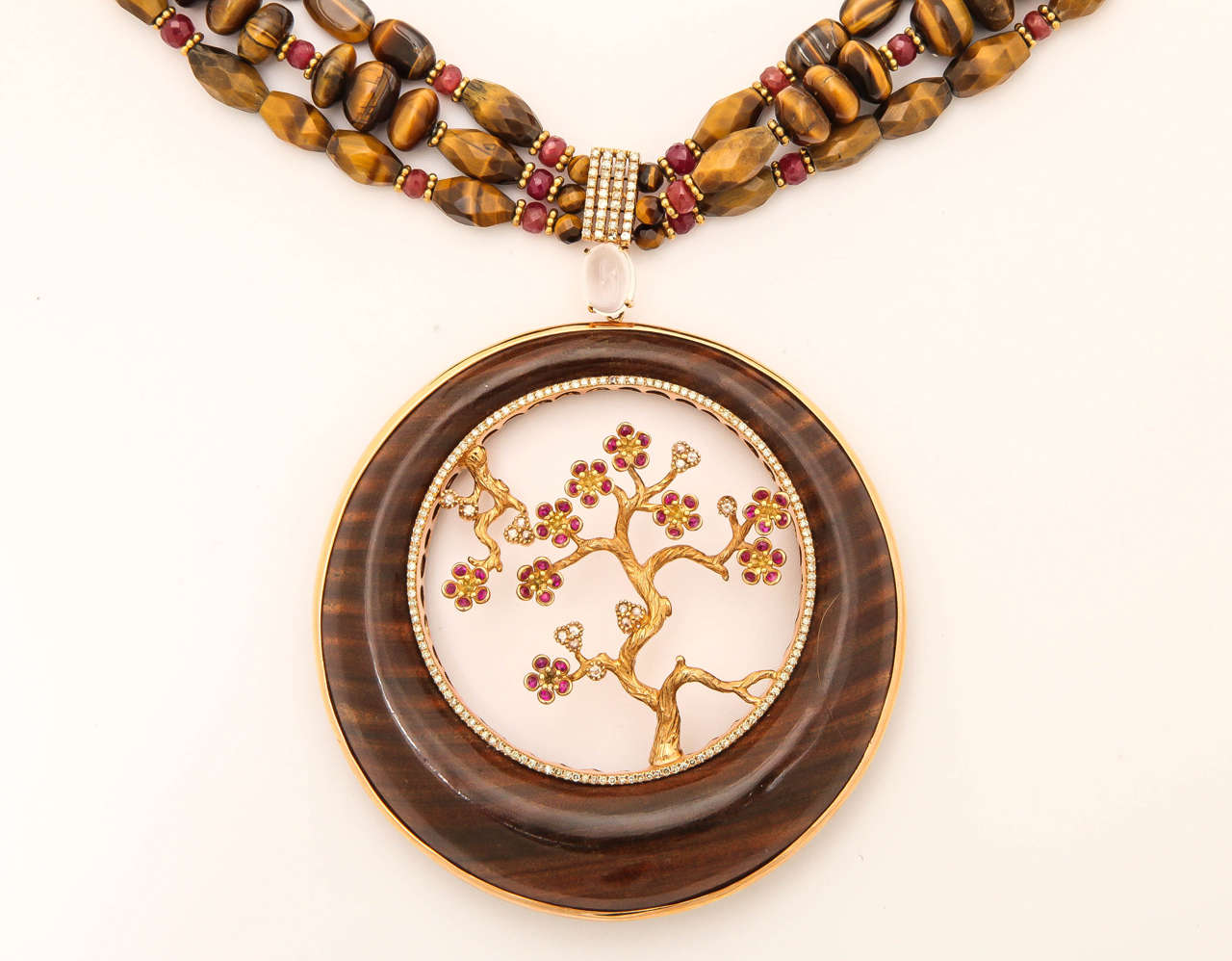 Contemporary Stunning Ruby Gold Cocobolo Wood Necklace For Sale