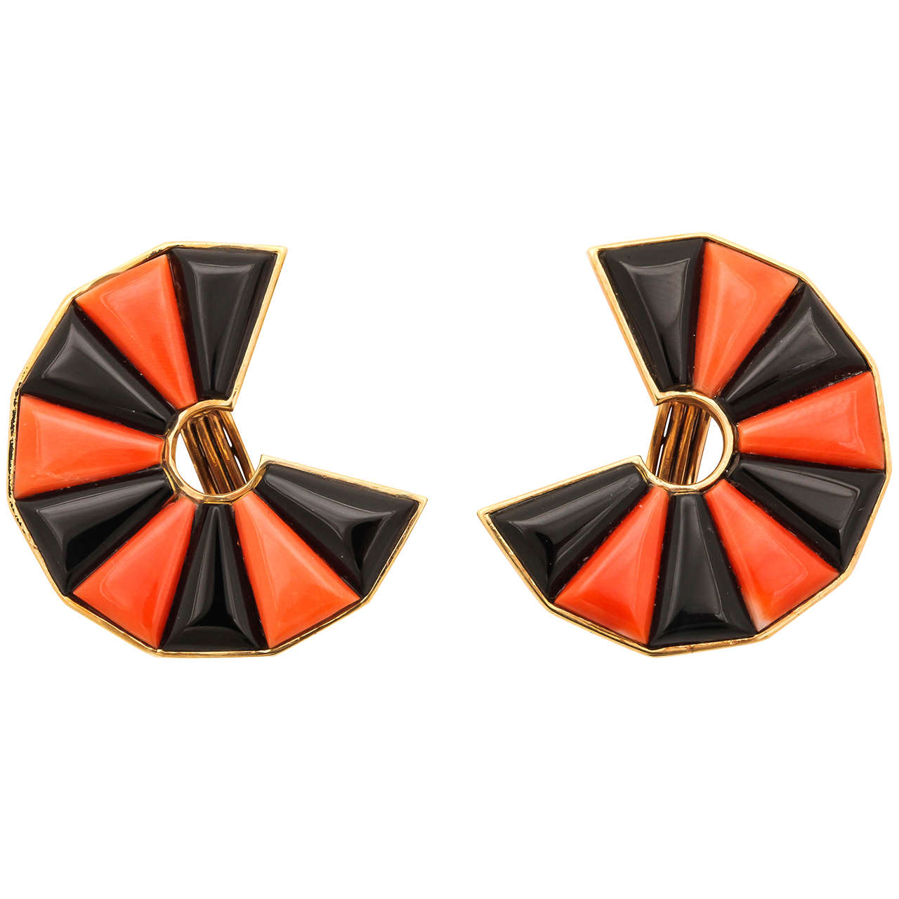 Unique Coral Black Onyx Gold Clip Earrings