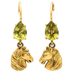 Vintage Sporty Peridot Gold Horse Head Earrings