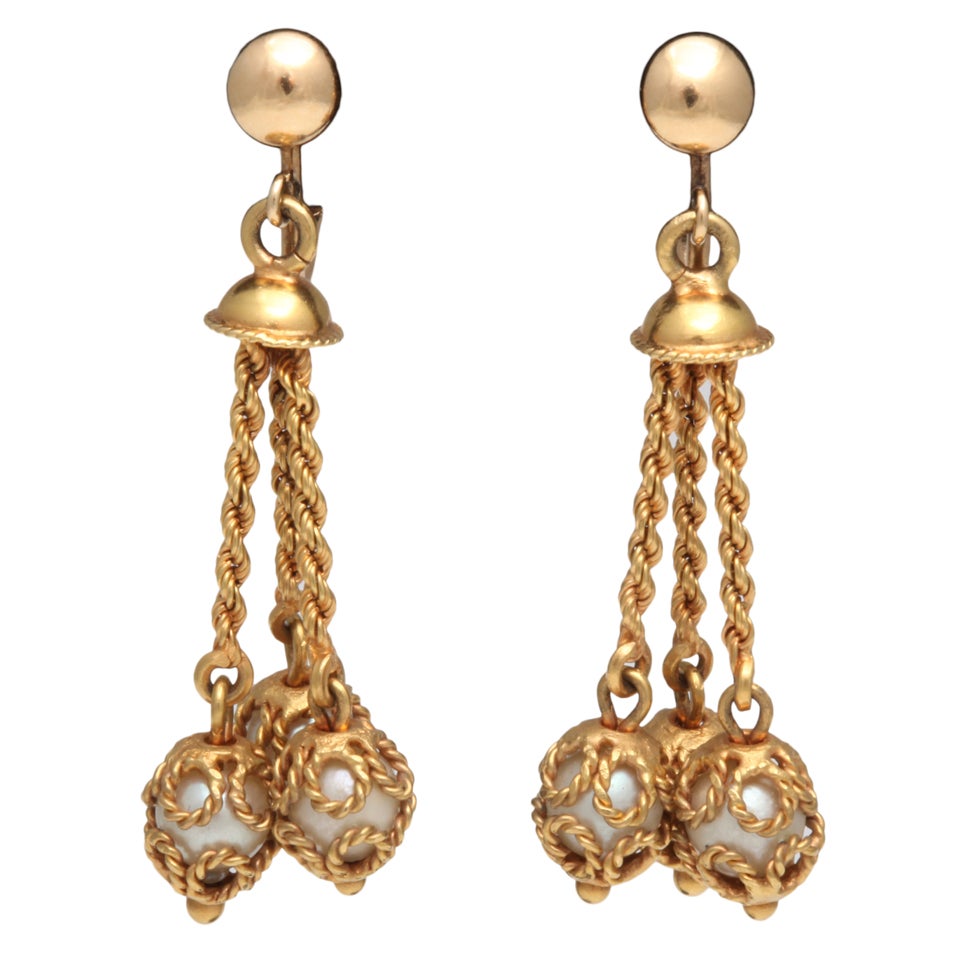 Encased Pearls within Gold Rope Pendant clip earrings