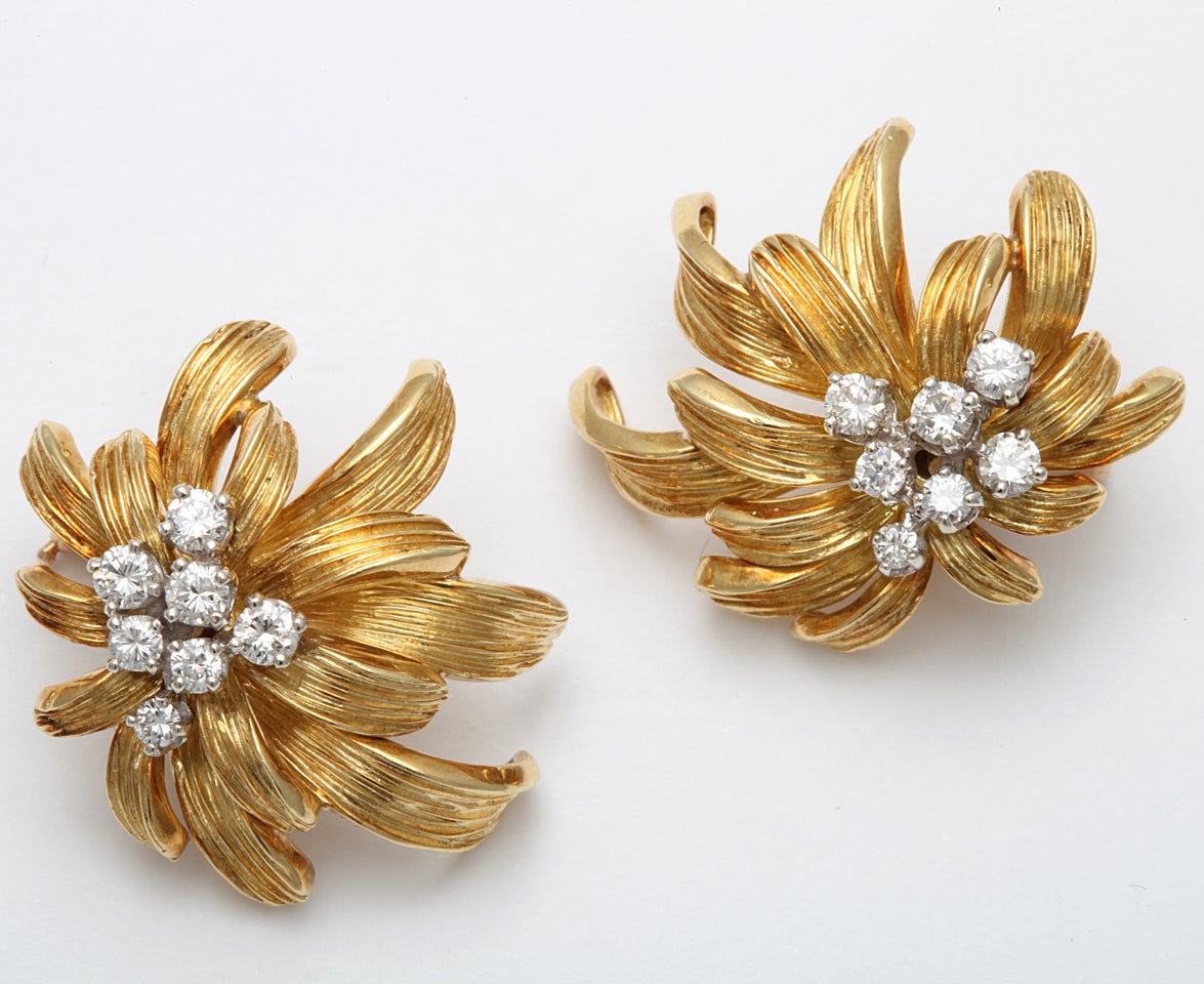 Women's Floral Gold & Diamond Clip On Earrings