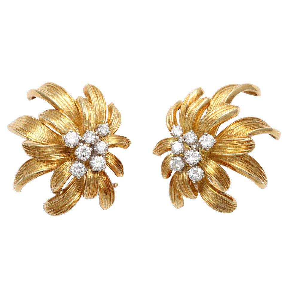 Floral Gold & Diamond Clip On Earrings