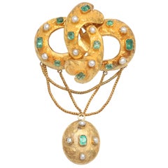 Antique VICTORIAN FACETED EMERALD 
PEARL GARLAND BROOCH