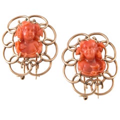Vintage Pair of Raymond Yard Carved Coral Gold Brooches